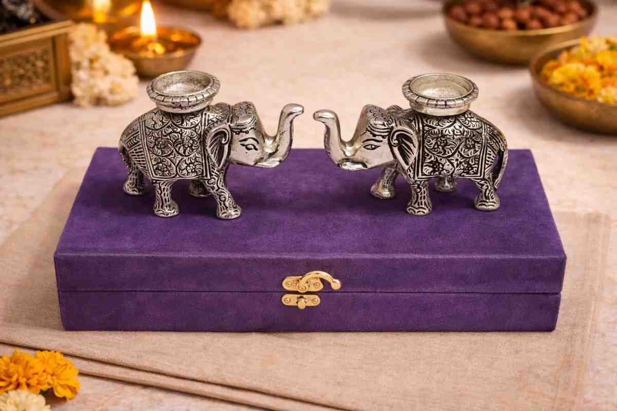 German Silver Elephant Tealight Holder Set – Premium Wedding Gift and Home Decor Gift Item