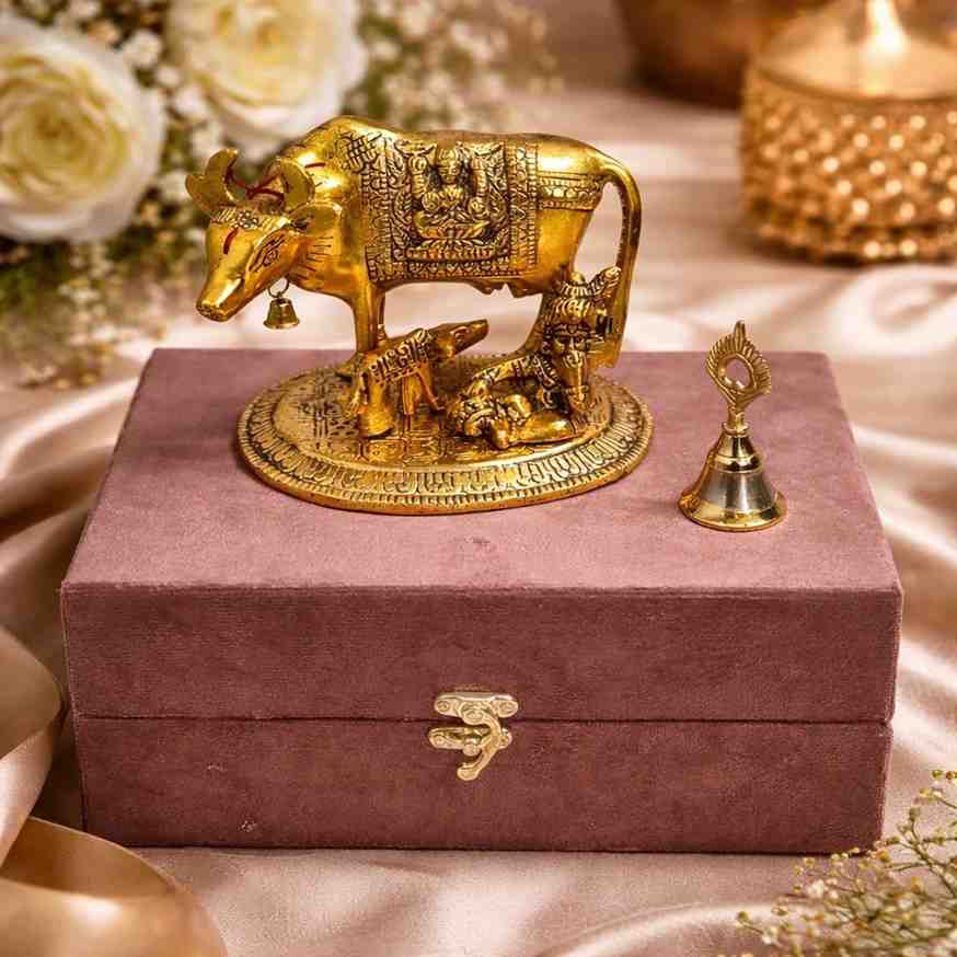 Gold Plated Kamdhenu Cow – Premium Metal Kamdhenu Cow Idol with Gift Box and Bell