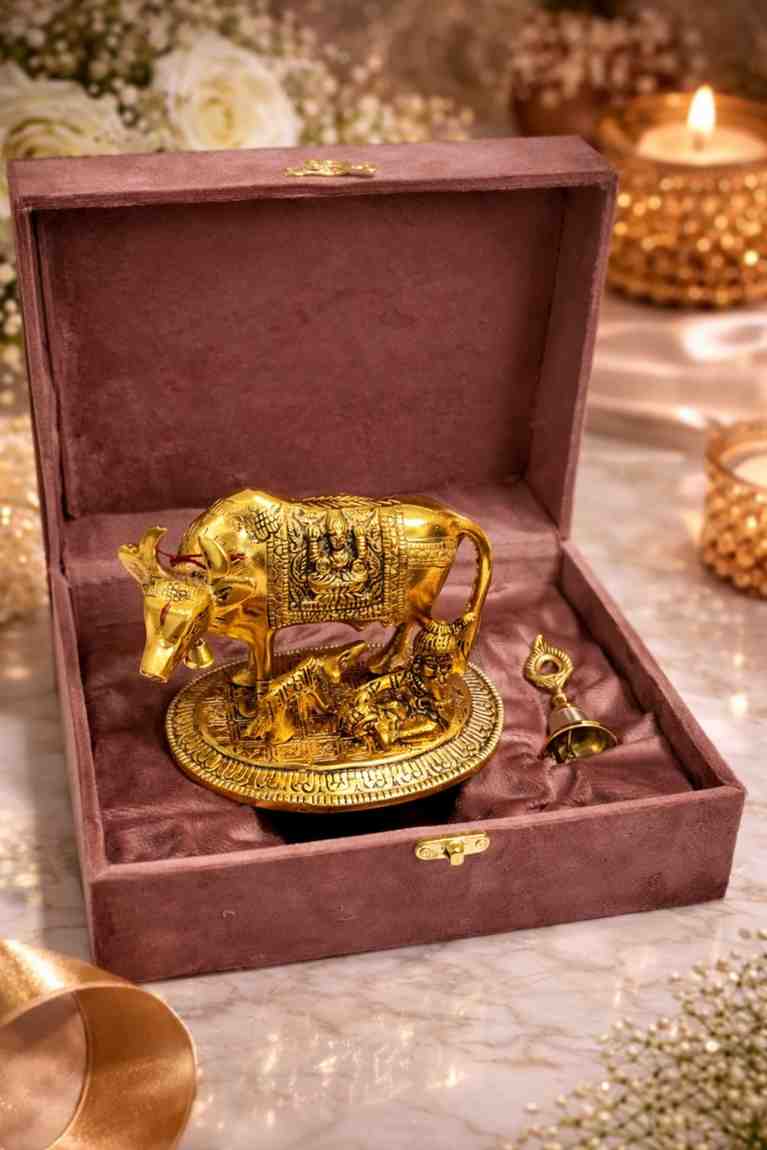 Gold Plated Kamdhenu Cow – Premium Metal Kamdhenu Cow Idol with Gift Box and Bell