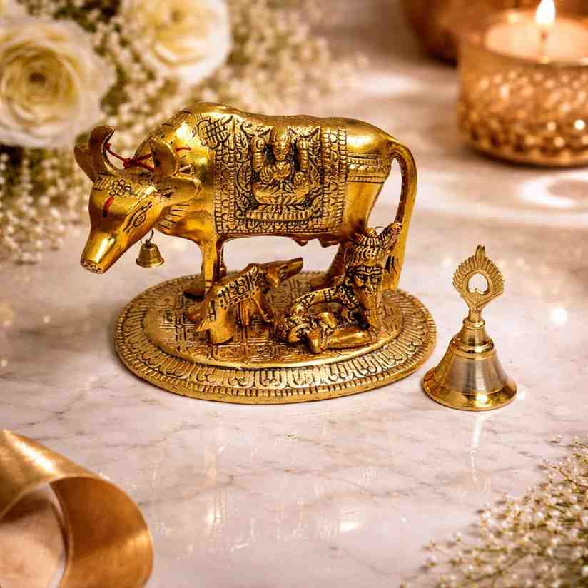 Gold Plated Kamdhenu Cow – Premium Metal Kamdhenu Cow Idol with Gift Box and Bell