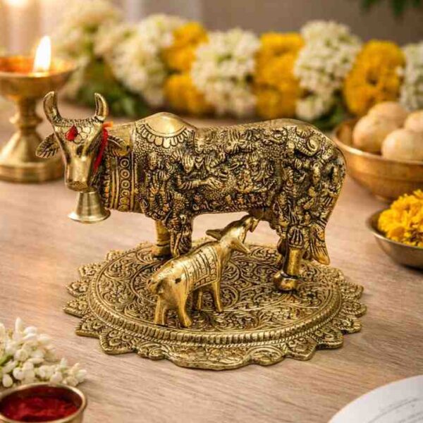 Golden Plated Kamdhenu Cow Idol – Premium Wedding Gift Item in Metal for Luxury Gifting