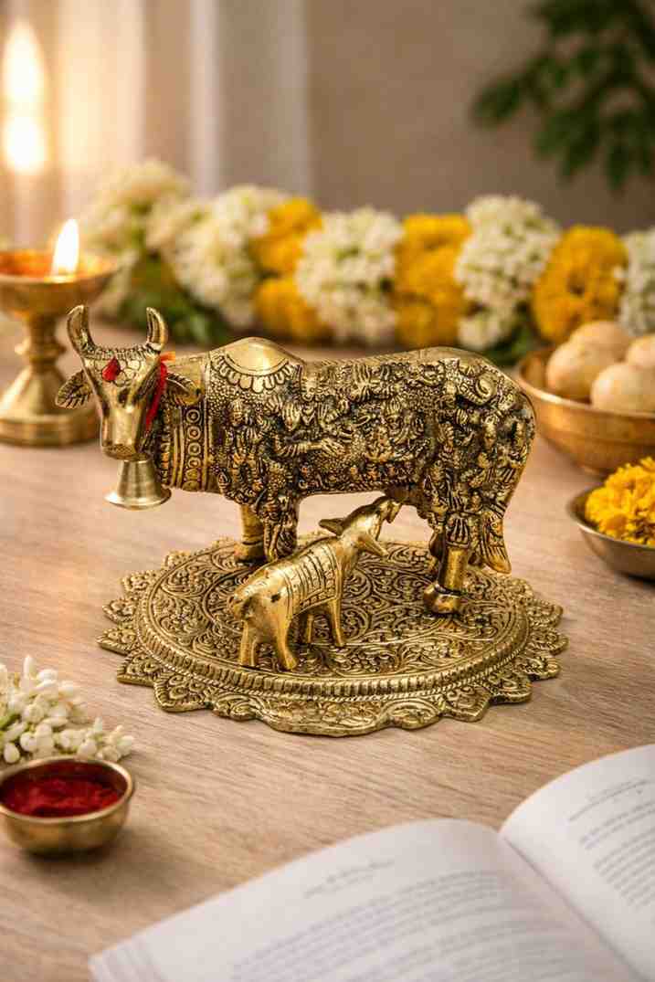 Golden Plated Kamdhenu Cow Idol – Premium Wedding Gift Item in Metal for Luxury Gifting