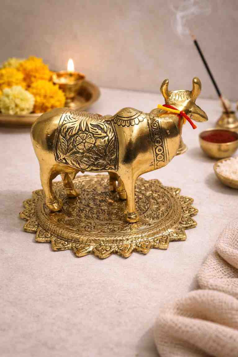 Golden Plated Kamdhenu Cow Idol – Premium Wedding Gift Item in Metal for Luxury Gifting