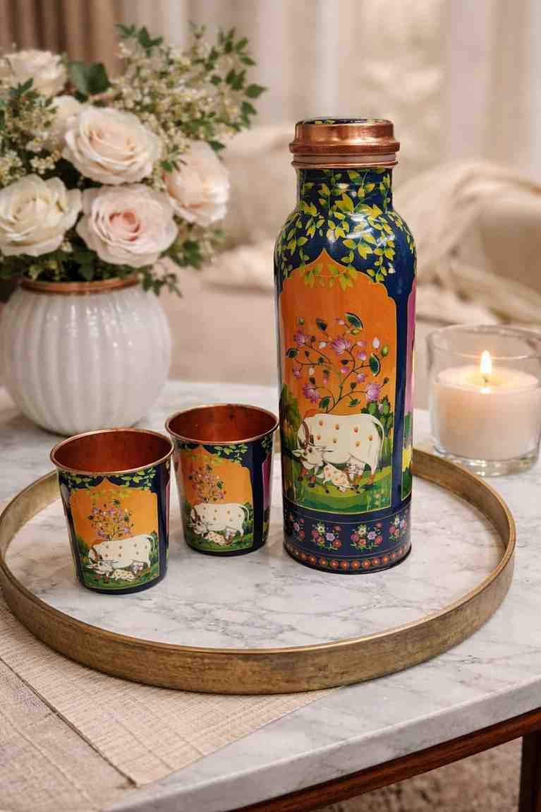 Meenakari Copper Bottle Glass Set – Pure Copper Gift Set for Wedding Gift and Premium Gifting