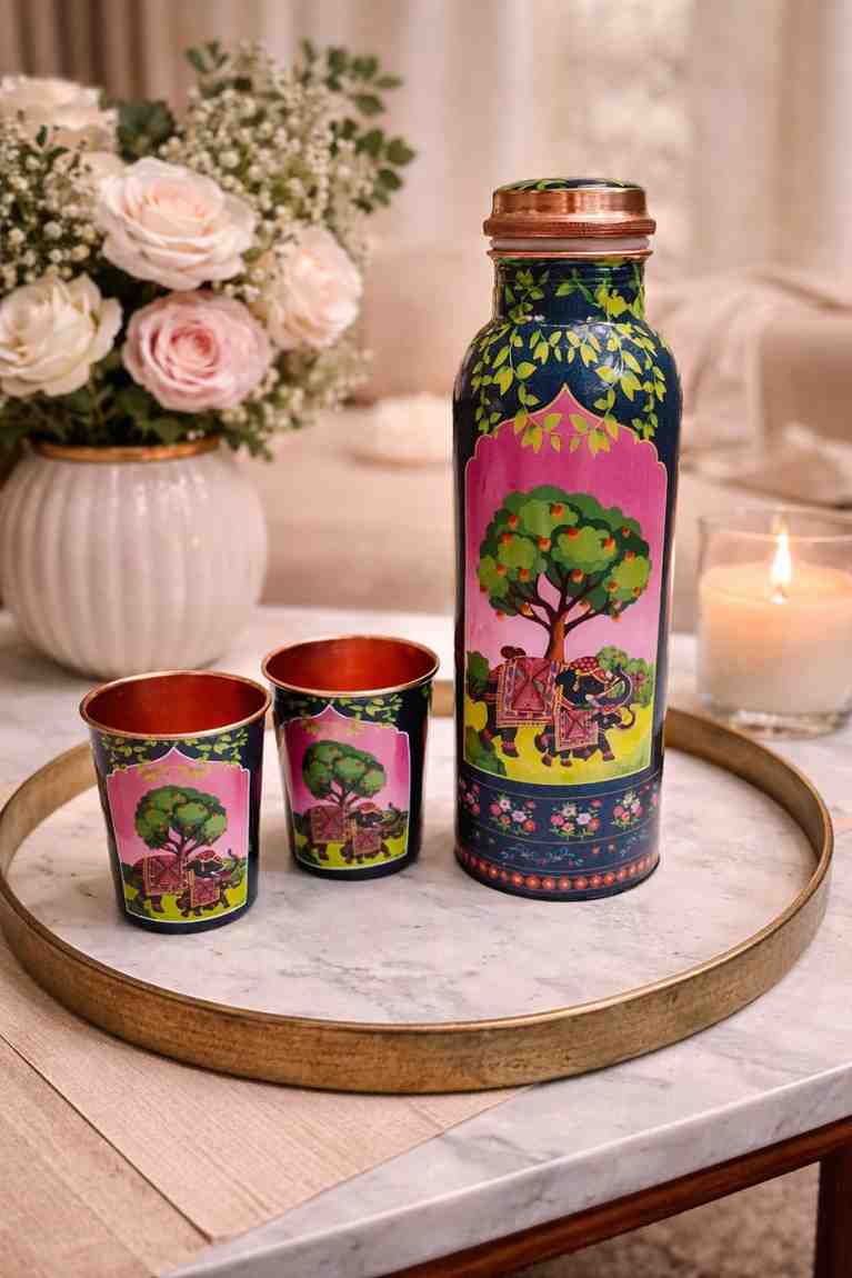 Meenakari Copper Bottle Glass Set – Pure Copper Gift Set for Wedding Gift and Premium Gifting