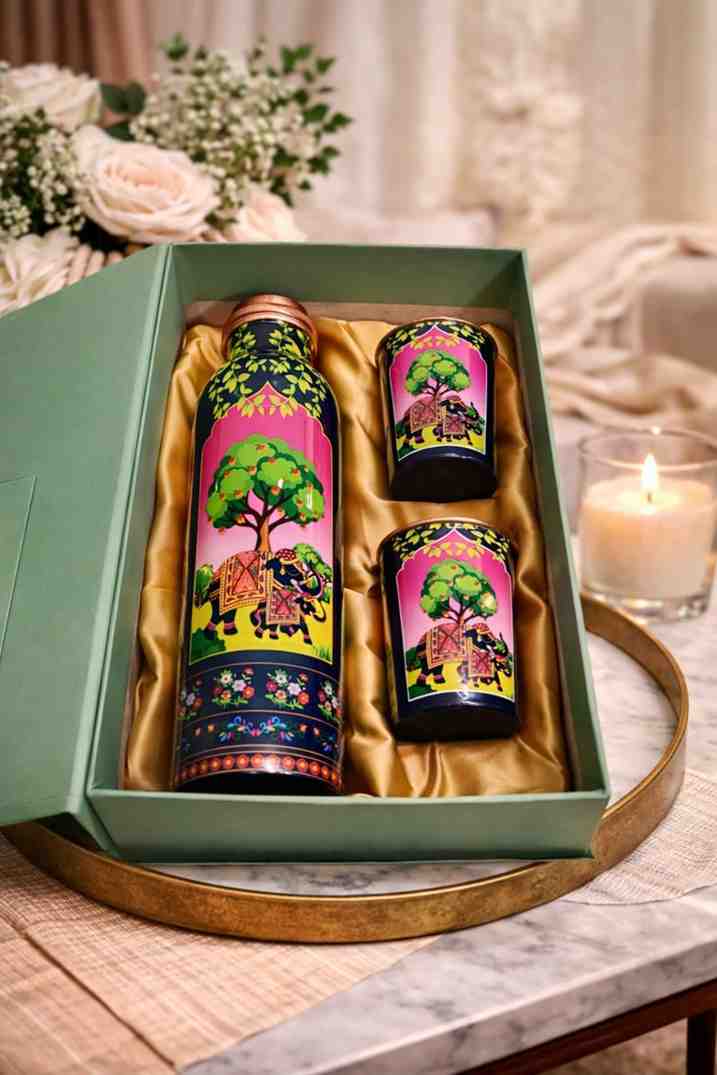 Meenakari Copper Bottle Glass Set – Pure Copper Gift Set for Wedding Gift and Premium Gifting