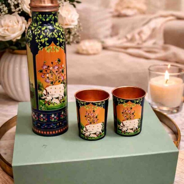 Premium copper gift set with bottle and two copper glasses