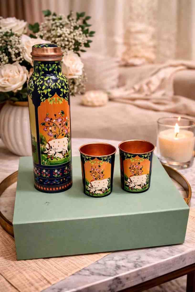 Meenakari Copper Bottle Glass Set – Pure Copper Gift Set for Wedding Gift and Premium Gifting