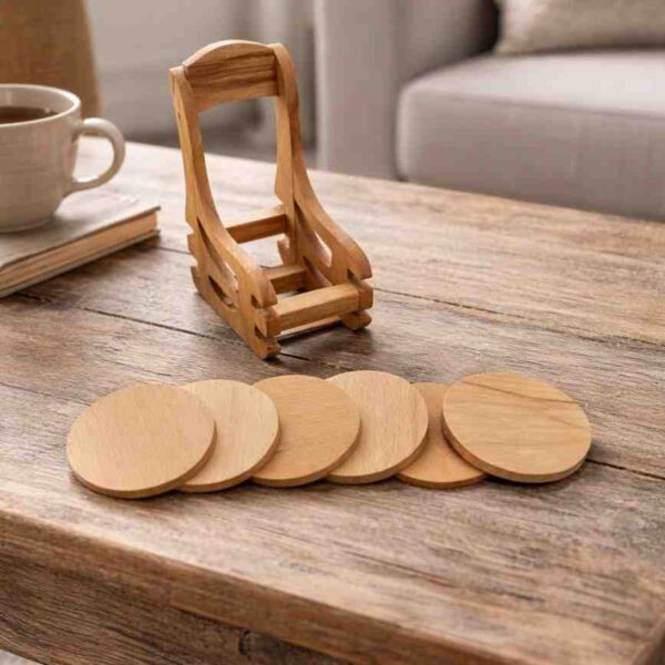 Natural wood coaster holder with round coasters