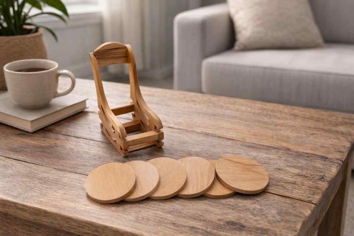 Wooden Coaster Set with Holder – Premium Wooden Table Coasters for Home and Gifting