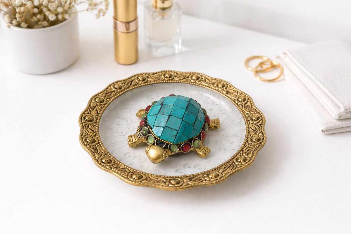 Gold Plated Metal Tortoise Plate with Gemstone Work