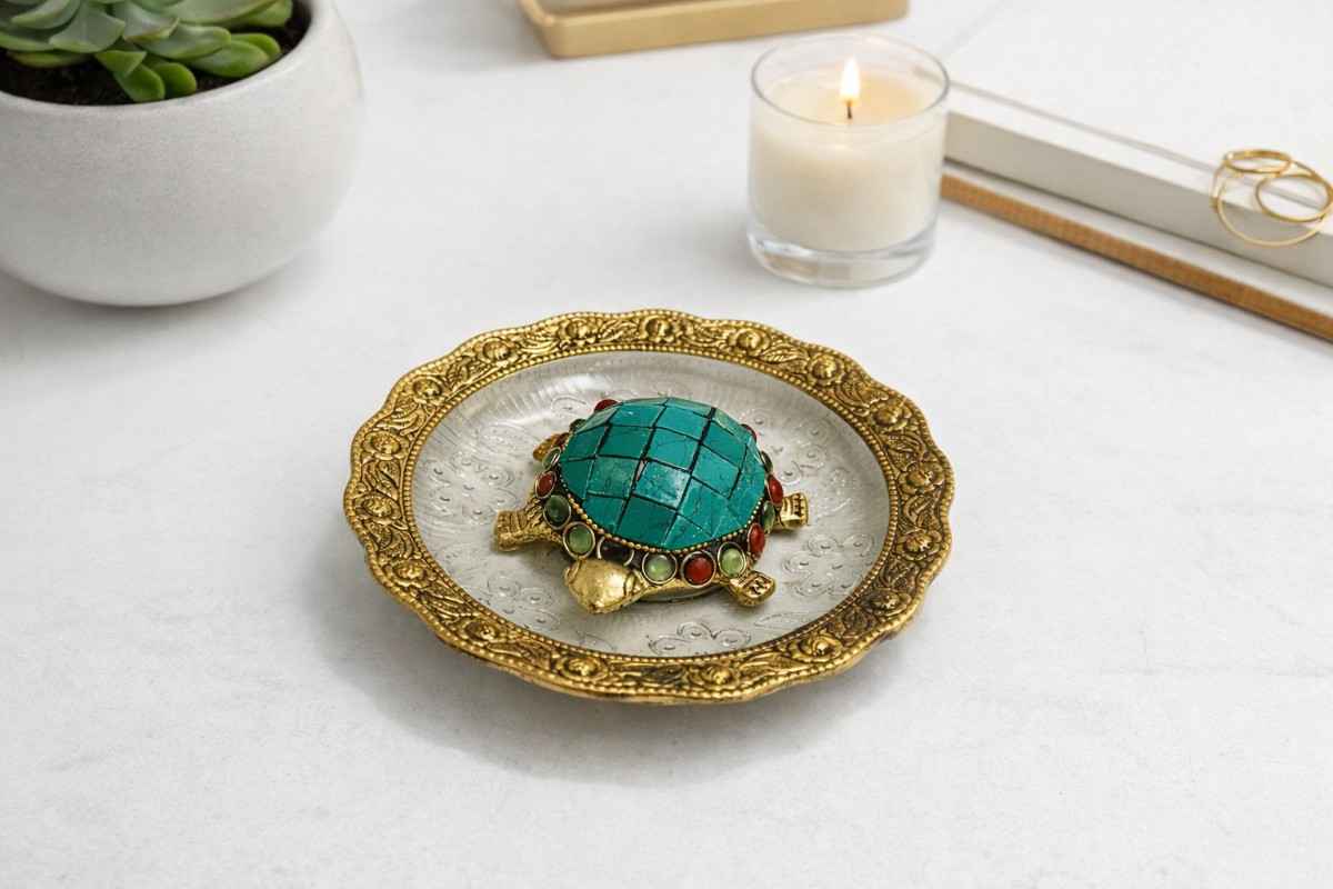 Gold Plated Metal Tortoise Plate with Gemstone Work
