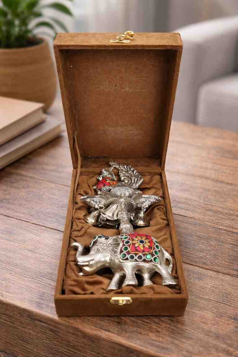 German Silver Peacock Diya with Elephant Base – Premium Wedding Gift Item in Velvet Box