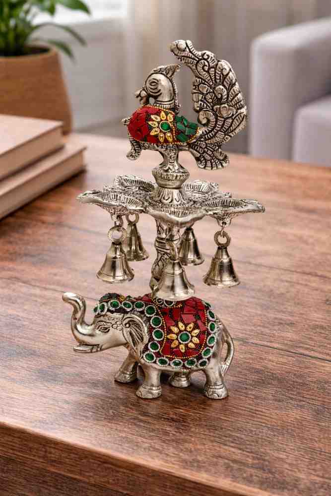 German Silver Peacock Diya with Elephant Base – Premium Wedding Gift Item in Velvet Box