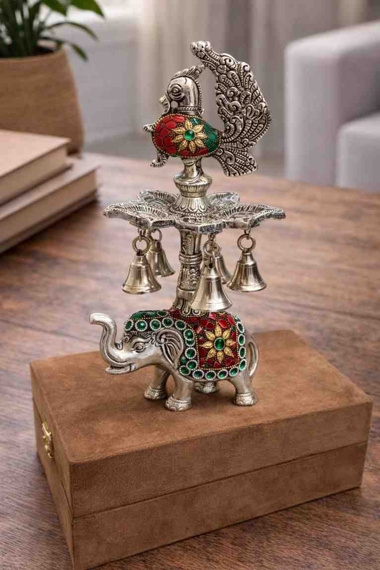 German Silver Peacock Diya with Elephant Base – Premium Wedding Gift Item in Velvet Box