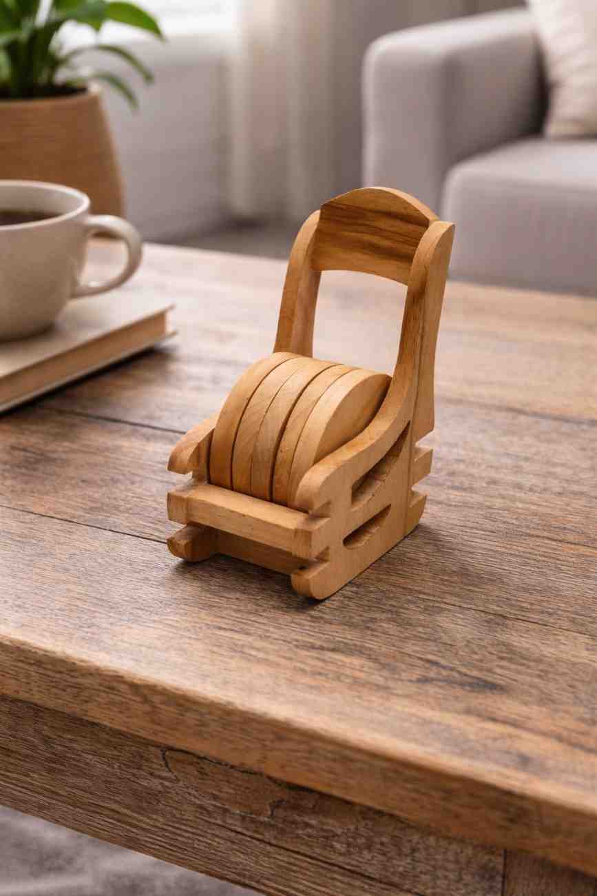 Wooden Coaster Set with Holder – Premium Wooden Table Coasters for Home and Gifting