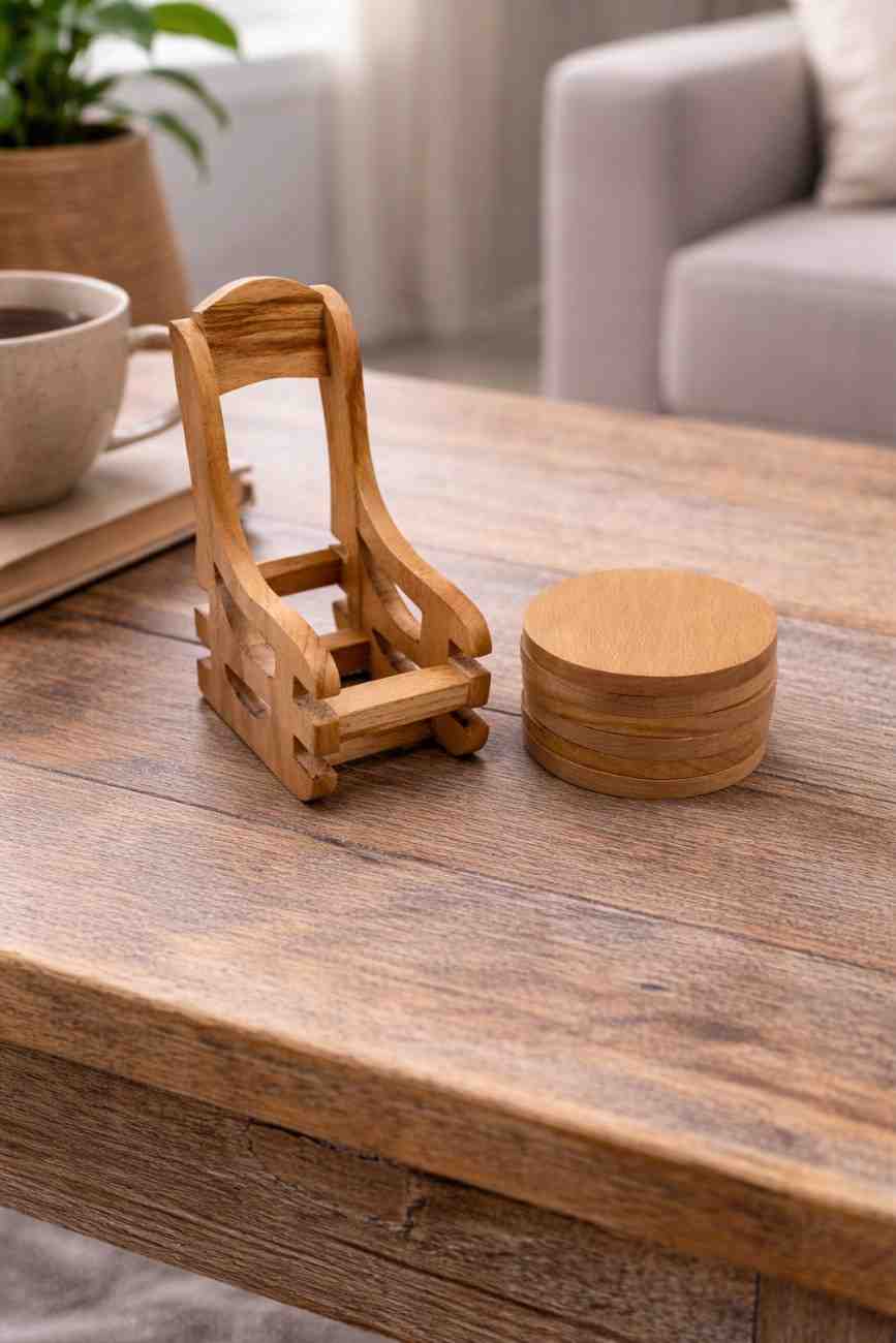Wooden Coaster Set with Holder – Premium Wooden Table Coasters for Home and Gifting