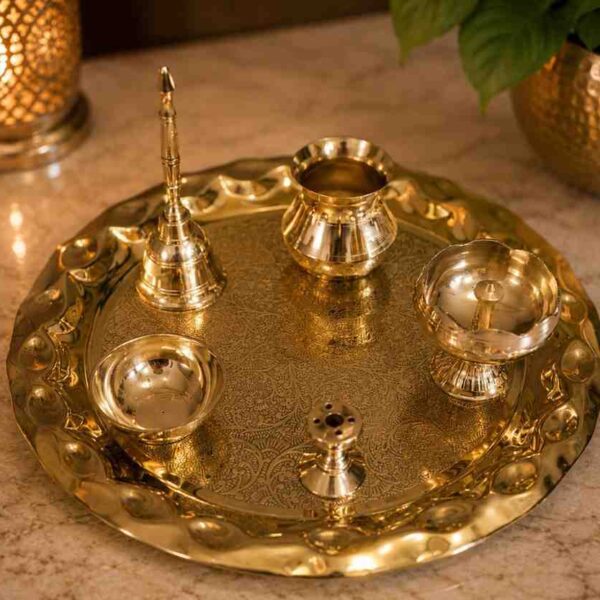 Premium 10 inch brass puja thali for daily worship rituals
