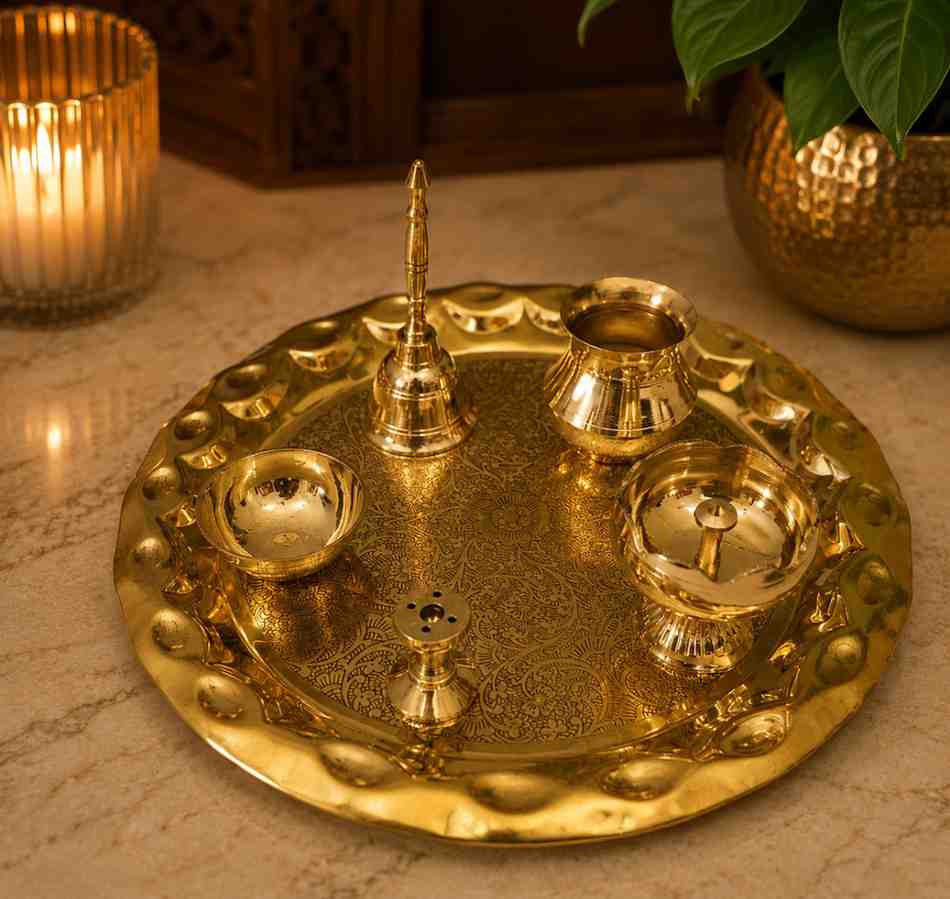 Handcrafted Brass Pooja Thali Set – Premium 10 Inch Brass Puja Thali for Home Temple & Rituals