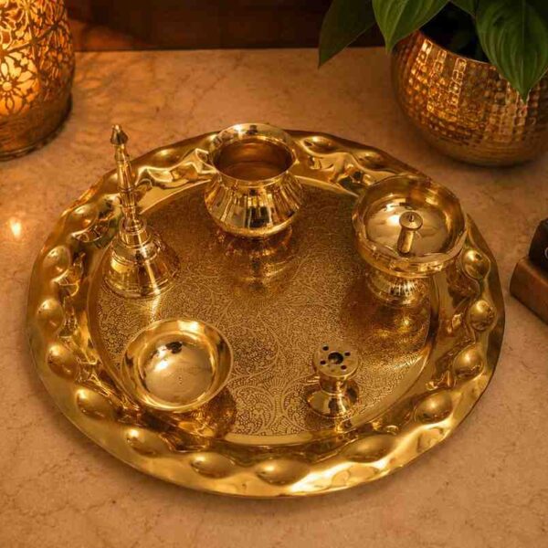 Handcrafted Brass Pooja Thali Set – Premium 10 Inch Brass Puja Thali for Home Temple & Rituals