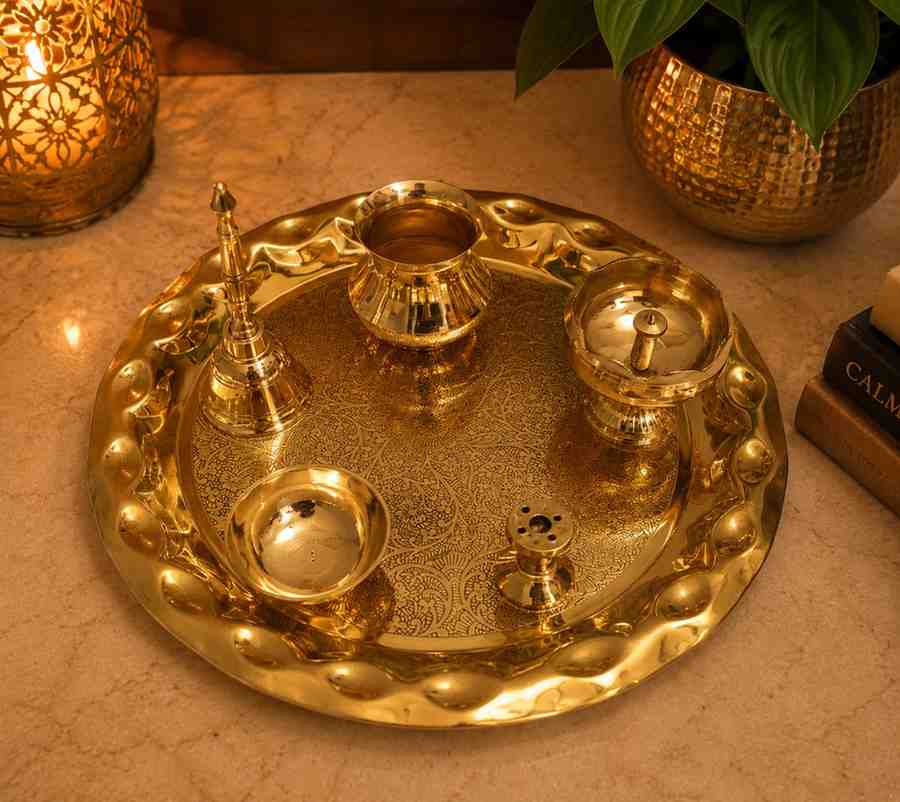 Handcrafted Brass Pooja Thali Set – Premium 10 Inch Brass Puja Thali for Home Temple & Rituals