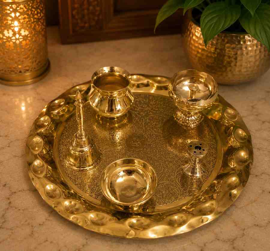 Handcrafted Brass Pooja Thali Set – Premium 10 Inch Brass Puja Thali for Home Temple & Rituals
