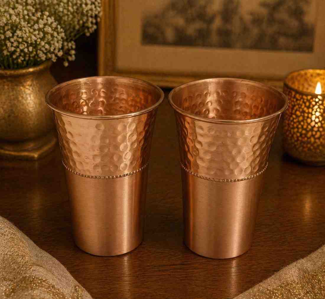 99% Pure Copper Glass Set – Hammered Finish, 350ml Capacity (Set of 2)