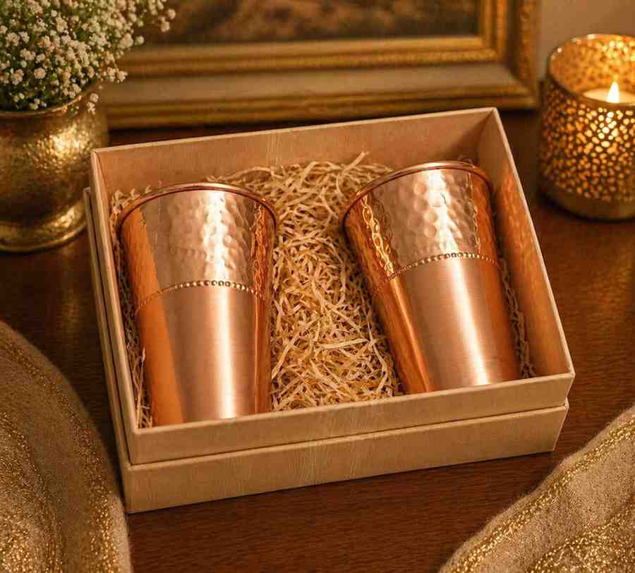 99% Pure Copper Glass Set – Hammered Finish, 350ml Capacity (Set of 2)