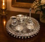 Premium German Silver Pooja Thali Set with Velvet Box – 10 Inch Decorative Puja Gift Set (800 Grams)