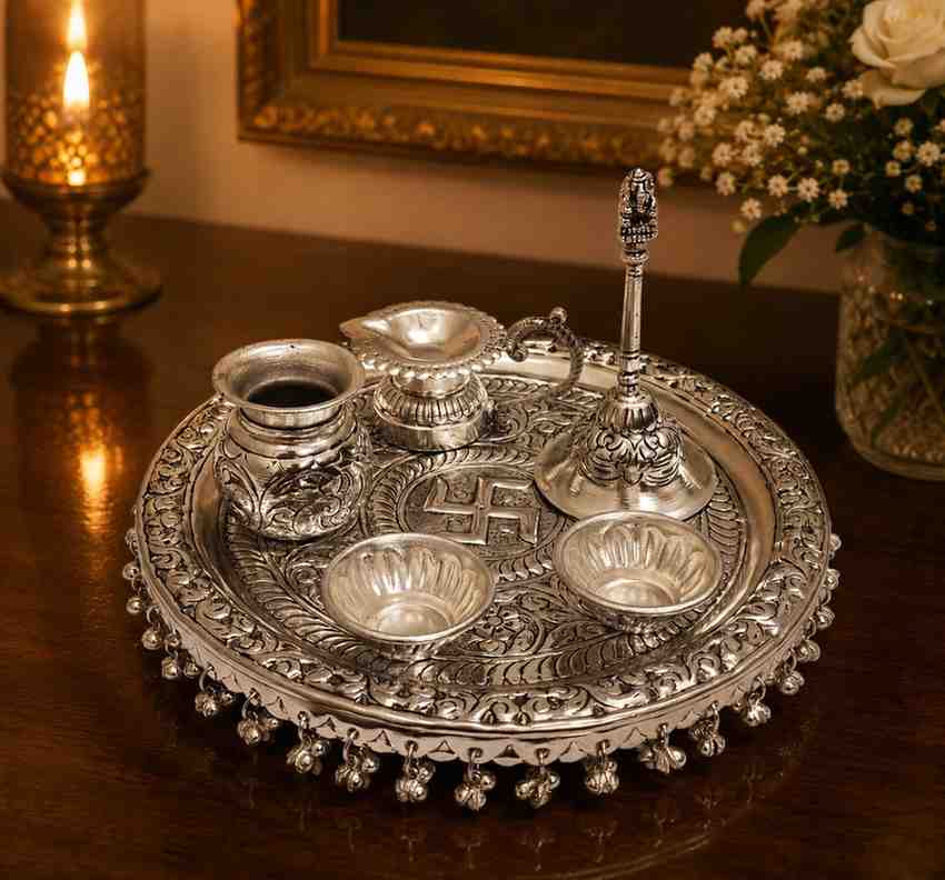 Premium German Silver Pooja Thali Set with Velvet Box – 10 Inch Decorative Puja Gift Set (800 Grams)