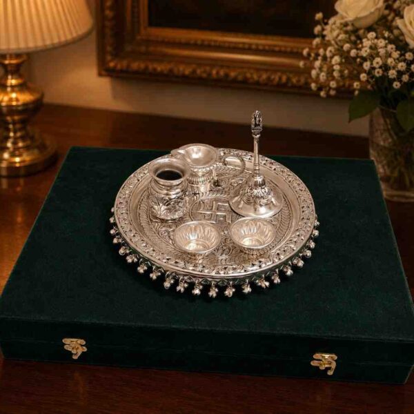 Premium German Silver Pooja Thali Set with Velvet Box – 10 Inch Decorative Puja Gift Set (800 Grams)
