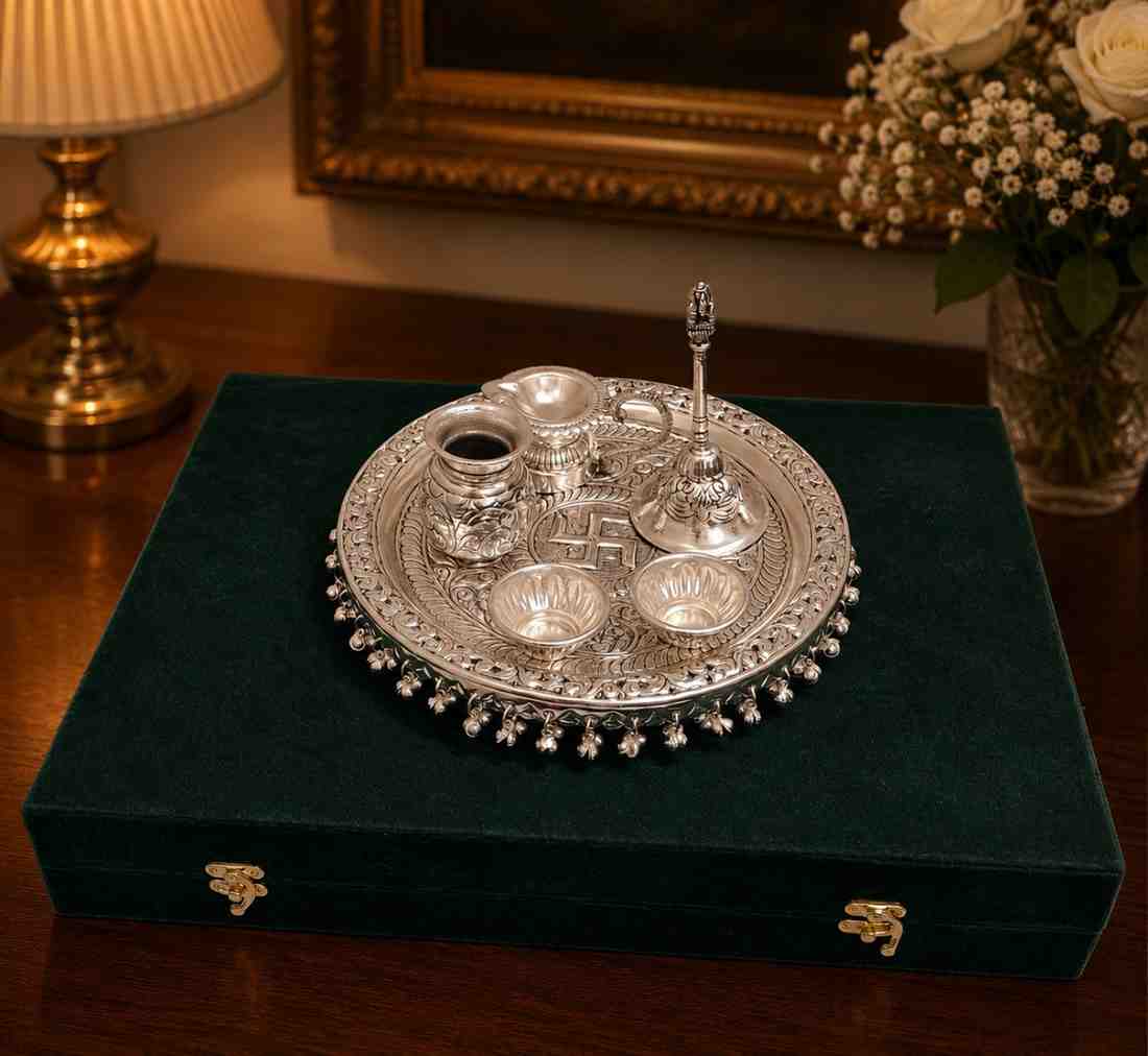 Premium German Silver Pooja Thali Set with Velvet Box – 10 Inch Decorative Puja Gift Set (800 Grams)