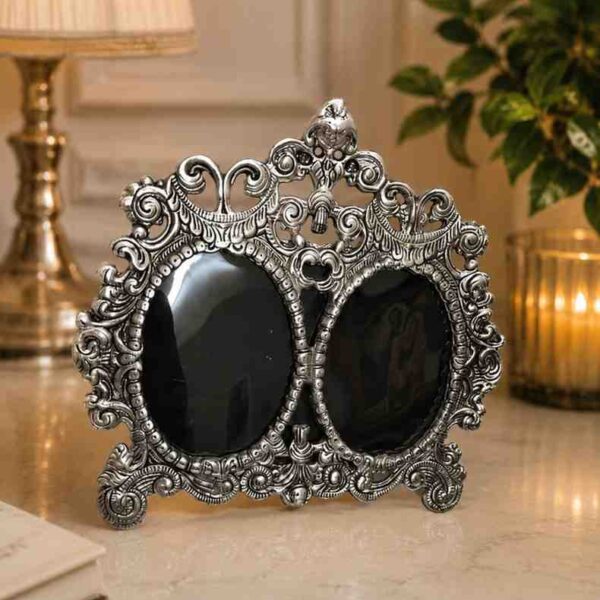 Luxury German Silver Double Photo Frame – Antique Designer Tabletop Picture Frame for Home Décor