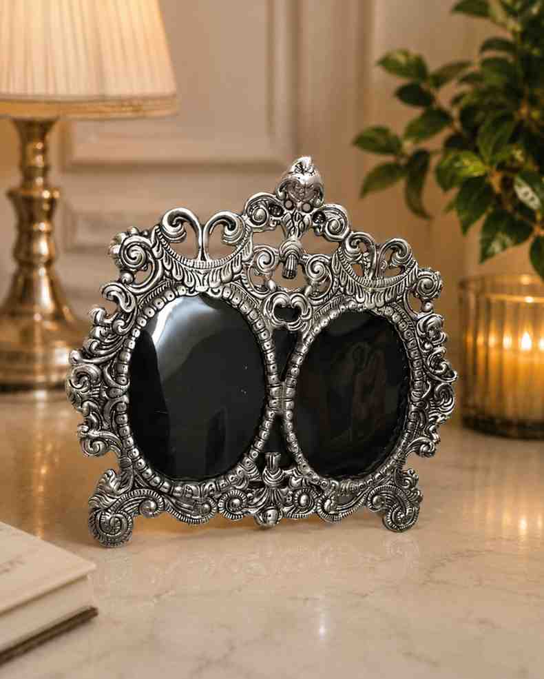 Luxury German Silver Double Photo Frame – Antique Designer Tabletop Picture Frame for Home Décor
