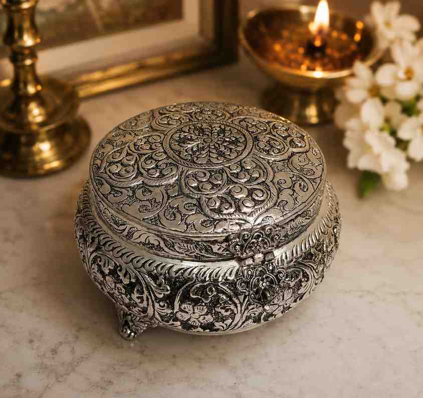 Luxury German Silver Dry Fruit & Jewellery Storage Box with Lid
