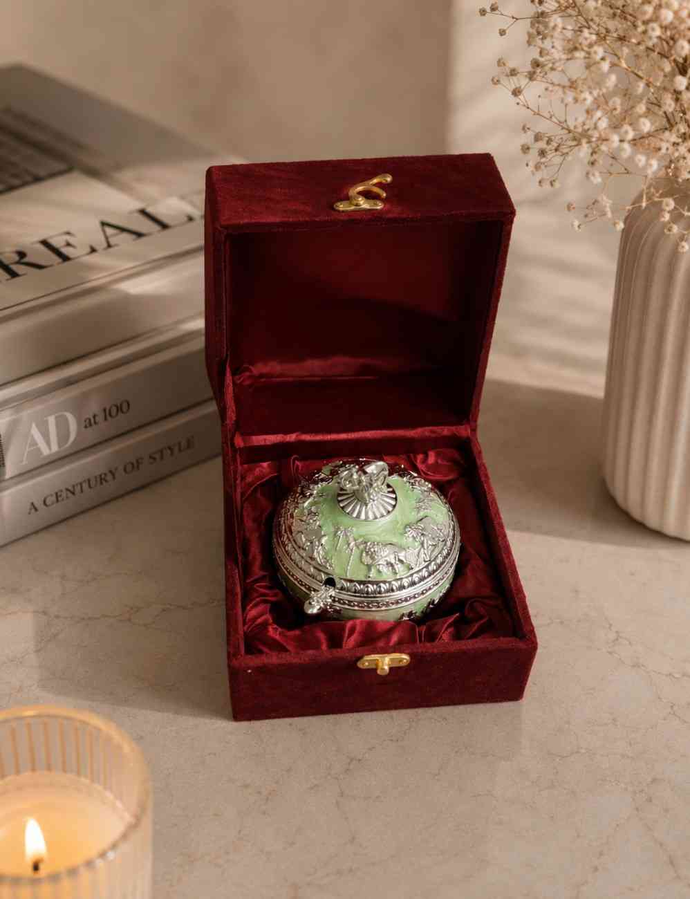 German Silver Elephant Dry Fruit Box with Spoon | Luxury Enamel Serving Bowl