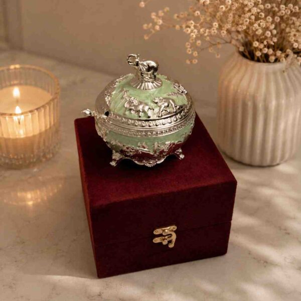 German Silver Elephant Dry Fruit Box with Spoon | Luxury Enamel Serving Bowl
