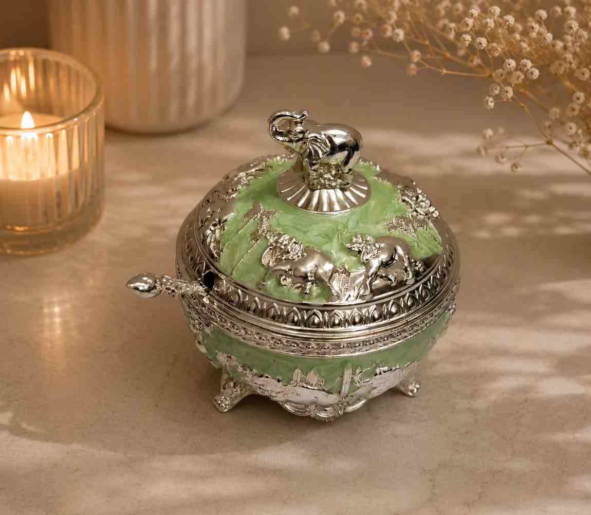 German Silver Elephant Dry Fruit Box with Spoon | Luxury Enamel Serving Bowl