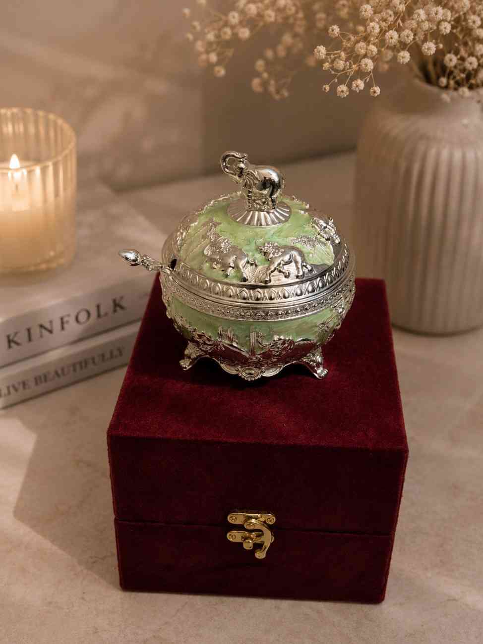 German Silver Elephant Dry Fruit Box with Spoon | Luxury Enamel Serving Bowl