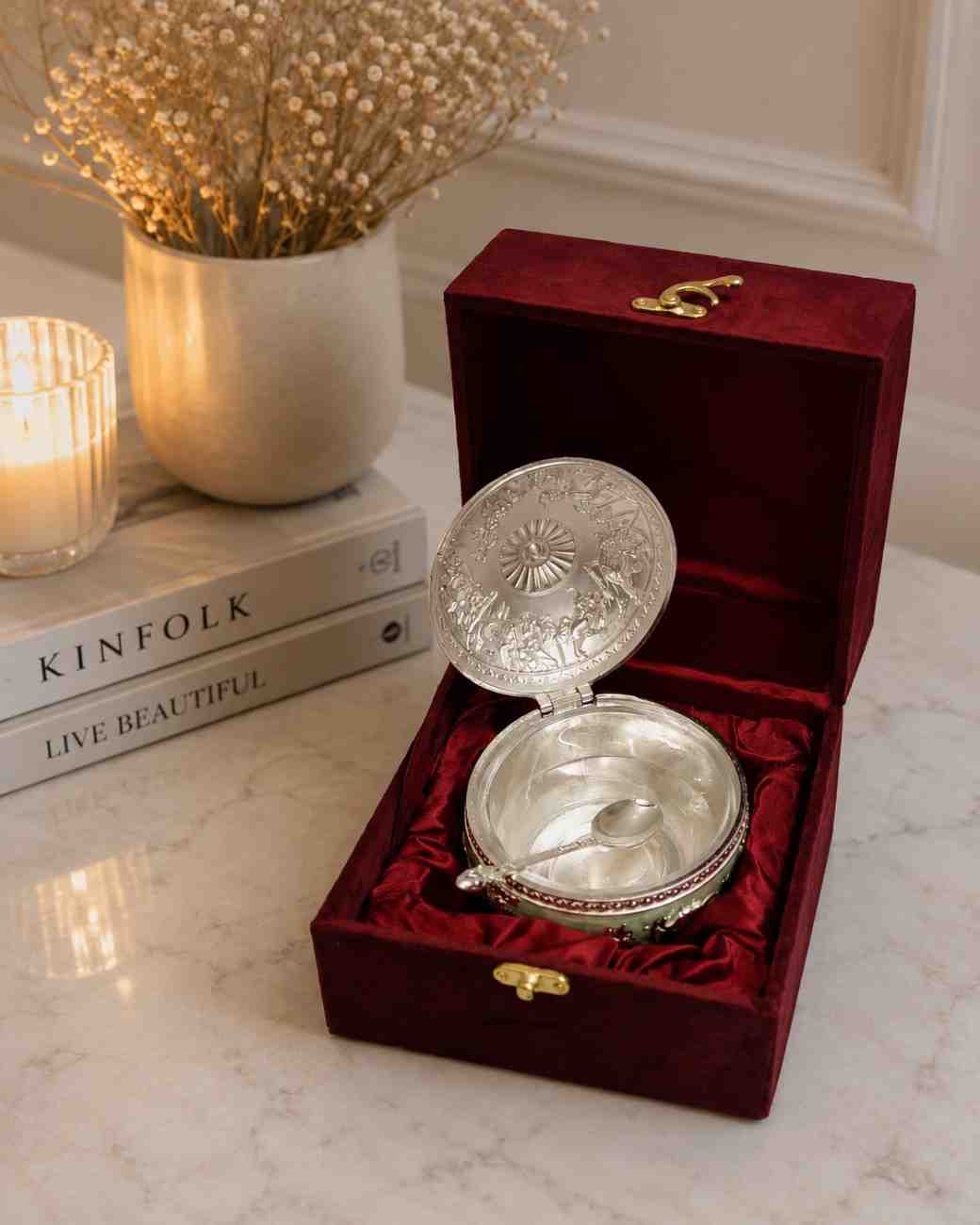 German Silver Elephant Dry Fruit Box with Spoon | Luxury Enamel Serving Bowl