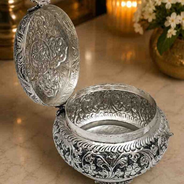 Antique finish German silver storage box with intricate carvings