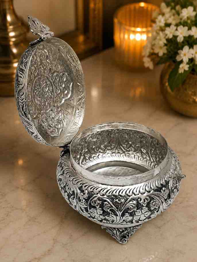 Luxury German Silver Dry Fruit & Jewellery Storage Box with Lid