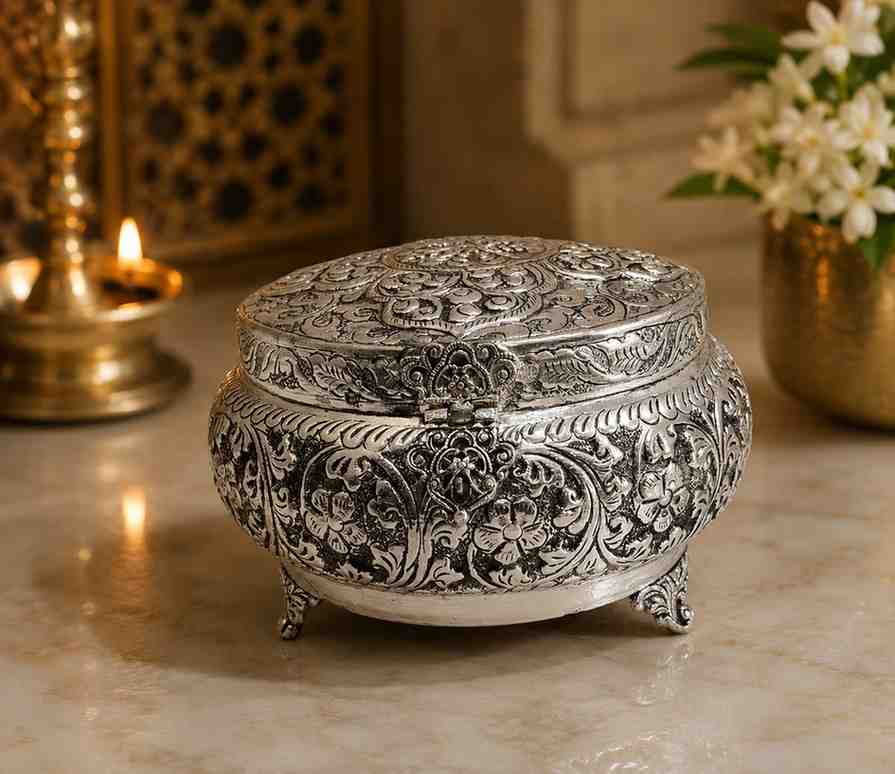 Luxury German Silver Dry Fruit & Jewellery Storage Box with Lid