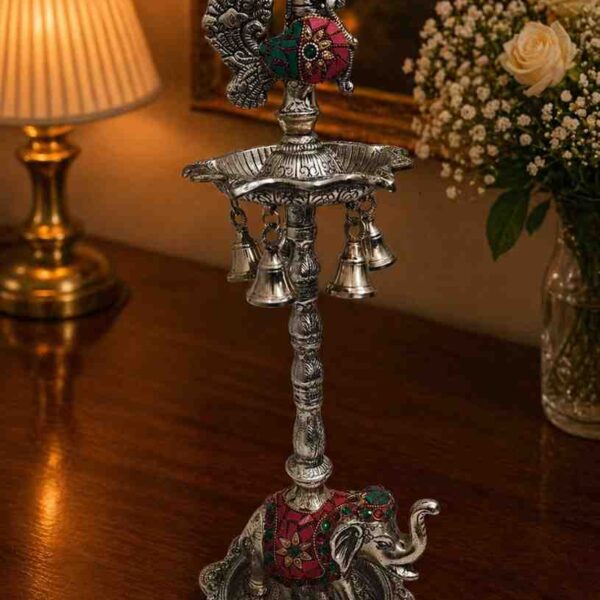 Royal German Silver Elephant Peacock Diya Stand with Gemstone Work – 19 Inch Decorative Oil Lamp