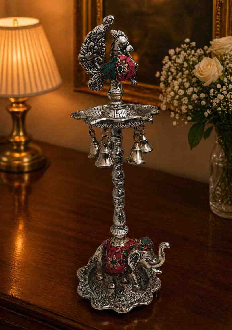 Royal German Silver Elephant Peacock Diya Stand with Gemstone Work – 19 Inch Decorative Oil Lamp