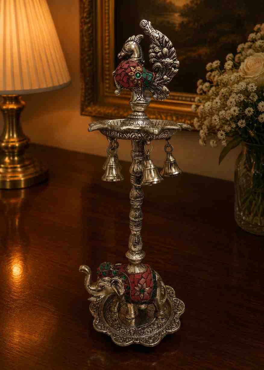 Royal German Silver Elephant Peacock Diya Stand with Gemstone Work – 19 Inch Decorative Oil Lamp