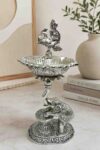 Luxury German Silver Elephant Peacock Diya Stand – 13 Inch Decorative Oil Lamp (1 KG)