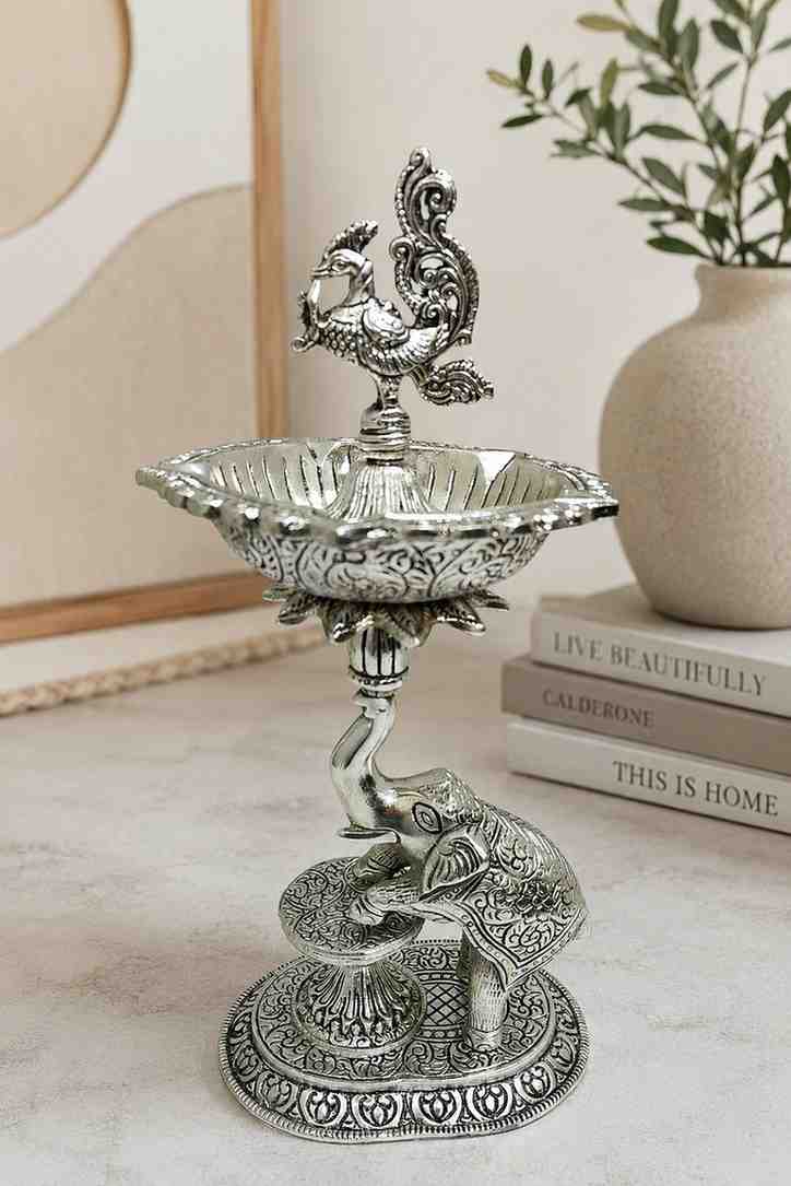 Luxury German Silver Elephant Peacock Diya Stand – 13 Inch Decorative Oil Lamp (1 KG)