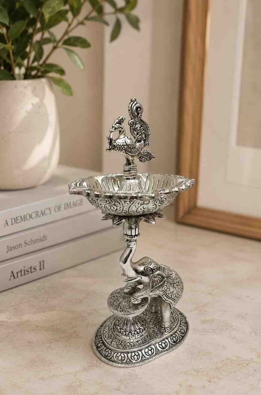 Luxury German Silver Elephant Peacock Diya Stand – 13 Inch Decorative Oil Lamp (1 KG)