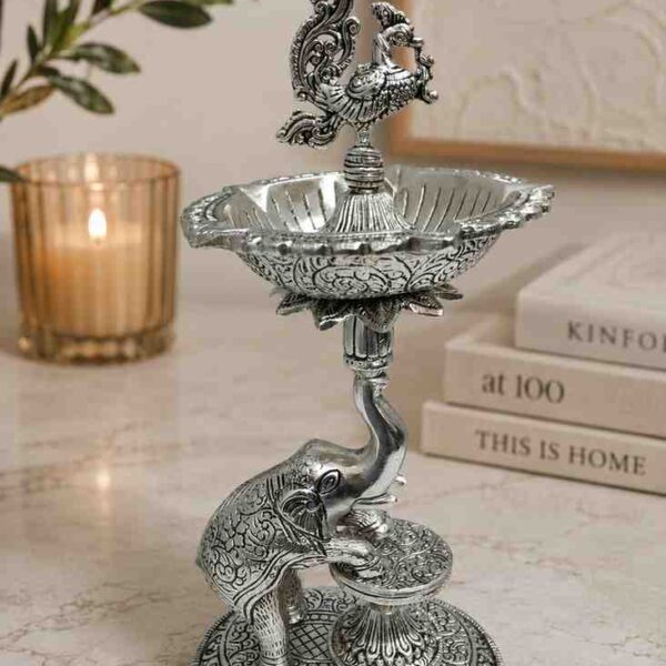 Luxury German Silver Elephant Peacock Diya Stand – 13 Inch Decorative Oil Lamp (1 KG)
